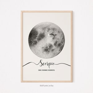 Signe astrologique du Scorpion, art mural carte des étoiles, cadeau personnalisé, art numérique du zodiaque, signe du zodiaque personnalisé, décoration murale du zodiaque, cadeau d'art carte