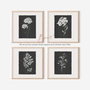 May include: Set of four black and white botanical prints featuring different floral arrangements. The prints are framed in natural wood frames and are displayed on a white background.  Bonus! All art prints contain both square and vertical ratio files.