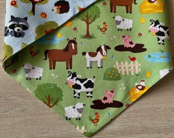 Woodland Farm Dog Bandana/ Baby Animals Pet Scarf/ Cows, Horses, Pigs, Chickens, Owls, Deer, Porcupine, Fox, Raccoon/ Reversible Neckerchief