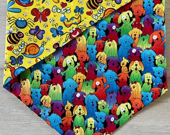 Reversible Dog Bandana: Bug & Puppy Print Pet Scarf