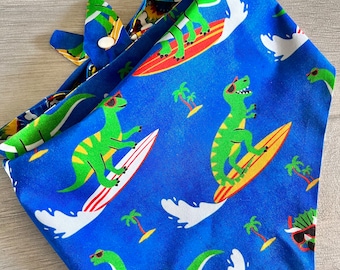 Surfing Dinosaur Dog Bandana / Dino Surf Beach Vacation Neckerchief / Reversible Scarf / Puppy Gift