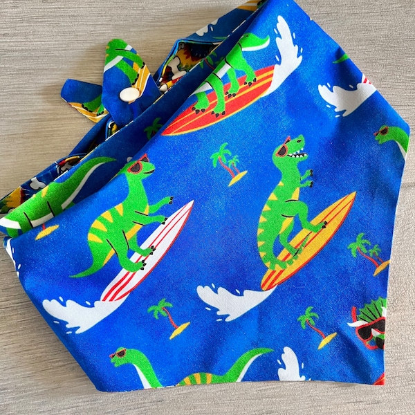 Surfing Dinosaur Dog Bandana / Dino Surf Beach Vacation Neckerchief / Reversible Scarf / Puppy Gift