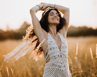 BEACH WEDDING Dress, MACRAME Dress, Greek Goddess Dress, Sleeveless Macrame Cord Dress, See Through Dress,Fringe Festival Boho Wedding Dress