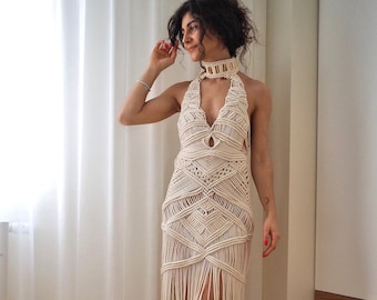 Beach Wedding Dress, Festival Bodysuit, Sleeveless Macrame Hanging Cord Midi Dress, Greek Goddess Dress, Boho Wedding Dress, Gift For Her