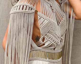 MACRAME DRESS, Boho Goddess Dress, See Through Dress, Fringe Festival  Vest Boho Beach WEDDING Dress, Long Dress