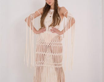 MACRAME Dress, BEACH WEDDING Dress, Festival Dresss, Greek Goddess Dress, See Through Dress, Fringe Festival Boho Wedding Dress, Beach Cover