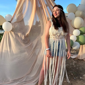 Greek goddess dress, beach wedding dress, fringe dress, bohemian dress, sun goddess dress, festival clothes, boho dress, rave outfit