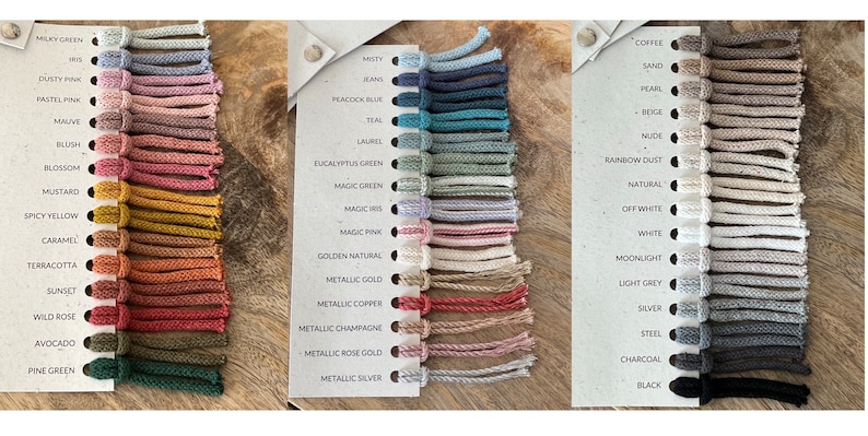 May include: A colour chart of 18 different colours of cord, with each colour labelled. The colours include: Milky Green, Dusty Pink, Pastel Pink, Mauve, Blush, Blossom, Mustard, Spicy Yellow, Caramel, Terracotta, Sunset, Wild Rose, Avocado, Pine Green, Misty, Jeans, Peacock Blue, Teal, Laurel, Eucalyptus Green, Magic Green, Magic Iris, Magic Pink, Golden Natural, Metallic Gold, Metallic Copper, Metallic Champagne, Metallic Rose Gold, Metallic Silver, Coffee, Sand, Pearl, Beige, Nude, Rainbow Dust, Natural, Off White, White, Moonlight, Light Grey, Silver, Steel, Charcoal, and Black.