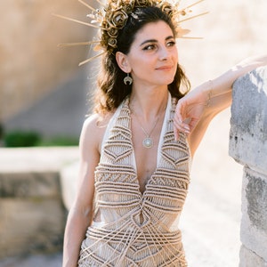 Beach wedding dress greek goddess dress macrame dress festival flying dress bohemian fall dress wedding guest dress fringe sun goddess dress