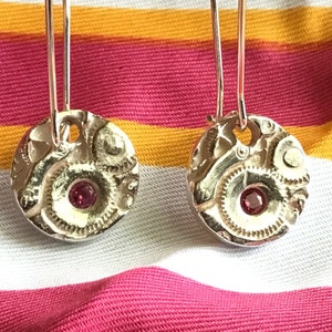 Ruby DADDY’S WATCH Fine Silver Watch Earrings, Ruby cubic zirconias, Fine Silver dangles, Petite, ladies small earrings, ooak