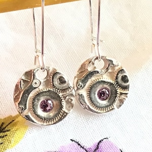 Purple DADDY’S WATCH Fine Silver Earrings, Purple Cubic Zirconias, small Fine Silver dangles, Petite, ooak