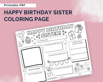 Happy Birthday Sister Coloring Page | Sister Birthday Card | All About My Sister | Coloring Page for Sister's Birthday | Sister Gift