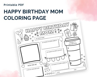 Happy Birthday Mom Coloring Page | Happy Birthday Placemat Activity Sheet | All About Mom Birthday Card | Coloring Page for Mom's Birthday