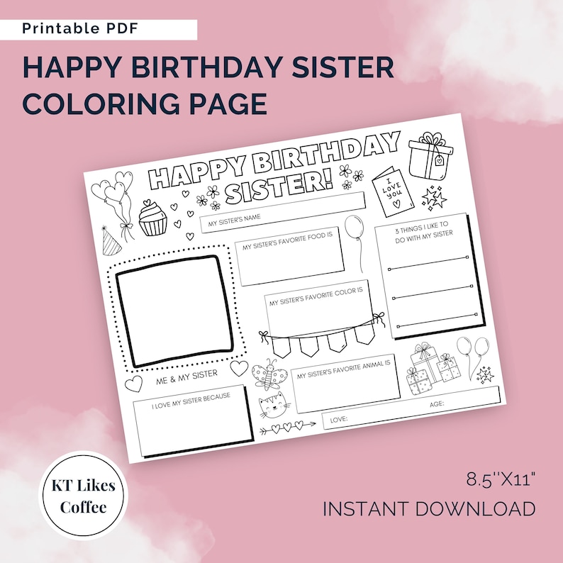 Happy Birthday Sister Coloring Page Sister Birthday Card - Etsy
