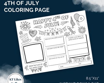 Happy 4th of July Coloring & Activity Page | Printable Independence Day Worksheet for Kids | USA Learning Activity | Instant Download
