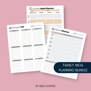 May include: Printable meal planning bundle with three checklists: a toddler meal planner, a grocery list, and a dinner planner. The checklists are in black and white with gray accents. The text "FAMILY MEAL PLANNING BUNDLE" is in black and white with a gray background.