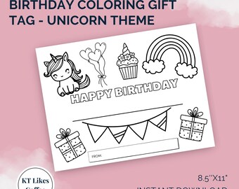 Birthday Coloring Gift Tag Printable for Girls | Unicorn Theme