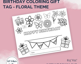 Birthday Coloring Gift Tag Printable for Girls | Floral Theme | Cute Birthday Theme