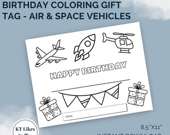 Birthday Coloring Gift Tag Printable for Boys | Air & Space Vehicles Theme