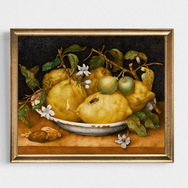 Vintage Still Life with Lemons and Almonds Oil Painting Vintage Fruit Still Life Art Print Antique Kitchen Wall Art farmhouse Wall decor