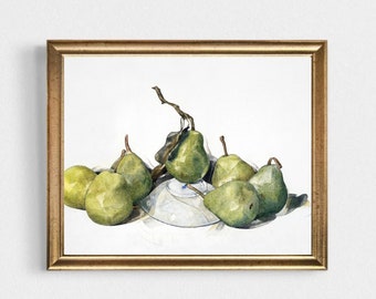 May include: A watercolor painting of a still life featuring a group of green pears on a white plate. The pears are arranged in a cluster, with some overlapping. The painting is framed in a gold frame.