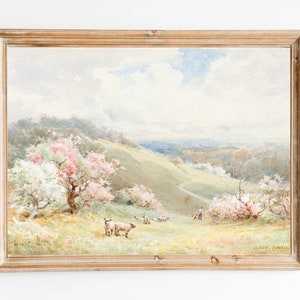 Spring Country Landscape with Sheep and Lambs Print-Field with Sheep Watercolor Painting-Panoramic Field Hills Landscape Print-Sheep Print