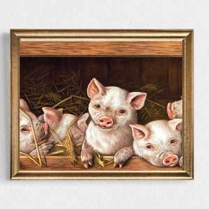 Piglets Vintage Oil Painting Pigs Vintage Art Print Farm Animals Vintage Print-Country Animals Vintage Print-Countryside Art Farmhouse Art image 1