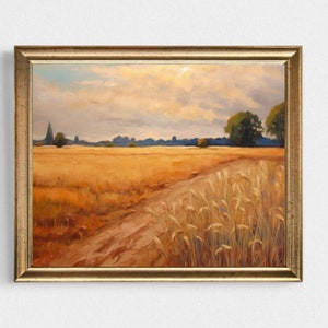 Wheat Field Oil Painting Wheat Field Art Print Country Autumn Landscape Oil Art Fall Wall Art Panoramic Landscape Wheat Field and Bushes Art