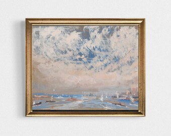 Vintage Seascape Oil Print: Clouds and Sailboat Painting