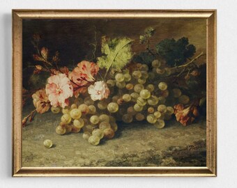 May include: A framed oil painting depicting a still life with a bunch of green grapes and pink flowers. The grapes are arranged on a table with the flowers cascading over the edge. The painting has a dark background.