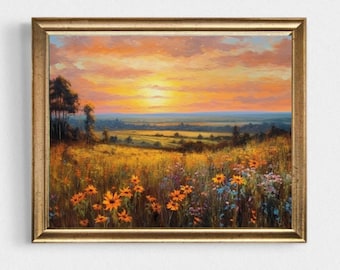 Puede incluir: Una pintura de una puesta de sol sobre un campo de flores silvestres. El cielo es de un naranja y rosa vibrantes, con nubes esponjosas. El campo es una mezcla de verde y amarillo, con una variedad de flores silvestres en flor. La pintura está enmarcada en un marco dorado.