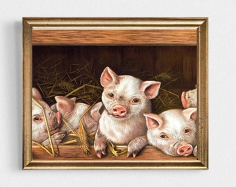 Piglets Vintage Oil Painting Print: Farmhouse Country Art