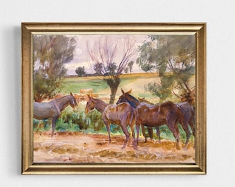 Tableau-paysage vintage chevaux et mules avec chevaux et mulets, impression d'animaux de la ferme, impression d'art vintage chevaux-mules, impression d'art mural de ferme