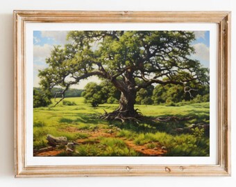 Old Oak Tree Oil Painting Art Print: Green Meadow Panoramic Wall Art
