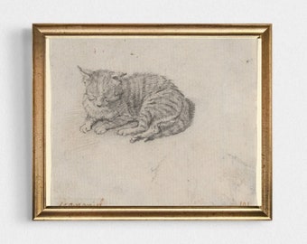 Sleeping Cat Vintage Sketch Print: Antique Kitten Drawing