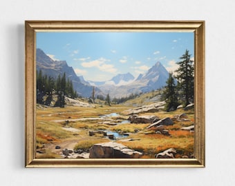 May include: A framed landscape painting depicting a mountain valley with a stream running through it. The mountains are snow-capped and the sky is blue with white clouds. The foreground is a grassy meadow with rocks and trees.
