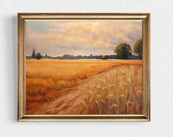 Wheat Field Art Print: Country Autumn Landscape Oil Painting