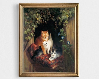Vintage Cats Art Print: Antique Painting, Pet Portrait