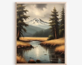 May include: A painting of a mountain range with a river flowing through the foreground. The mountain peaks are covered in snow and the sky is a light blue with clouds. The trees are a dark green and the river is a light blue.