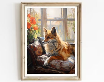 Fox Painting Red Fox Art Print Wild Animals Wall Art Pet Fox Portrait Art Forest Animals Artwork Fox in House Art Print Rustic Wall Decor