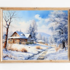 Vermont Winter Farmhouse Landscape Art Print: New England Oil Painting