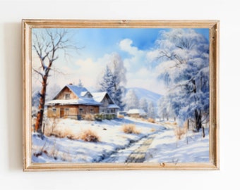 Vermont Winter Farmhouse Landscape Art Print: New England Oil Painting
