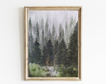 Misty Pine Forest Watercolor Painting Pacific Northwest Landscape Art ...