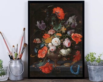 May include: A still life painting of a vase filled with a variety of colorful flowers, including red poppies, white roses, and purple irises. The vase is on a table with a blue ribbon and other decorative elements.