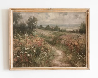 Vintage Irish Landscape Art Print: Wildflower Meadow Painting