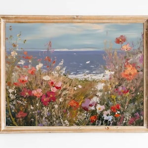Dipinto di Montara State Beach, California, fiori selvatici, stampe artistiche costiere, paesaggio marino, stampe di dipinti vintage, fiori selvatici sulla spiaggia