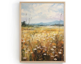 Wildflower Field Art Print: Panoramic Landscape Oil Painting