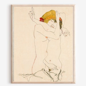 Zwei nackte Frauen umarmen sich Vintage Kunstdruck Nackte Körper Wandbild Zwei Frauen umarmen sich (1913) von Egon Schiele