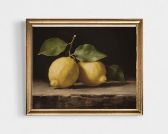 May include: A framed painting of two yellow lemons with green leaves on a dark brown background.