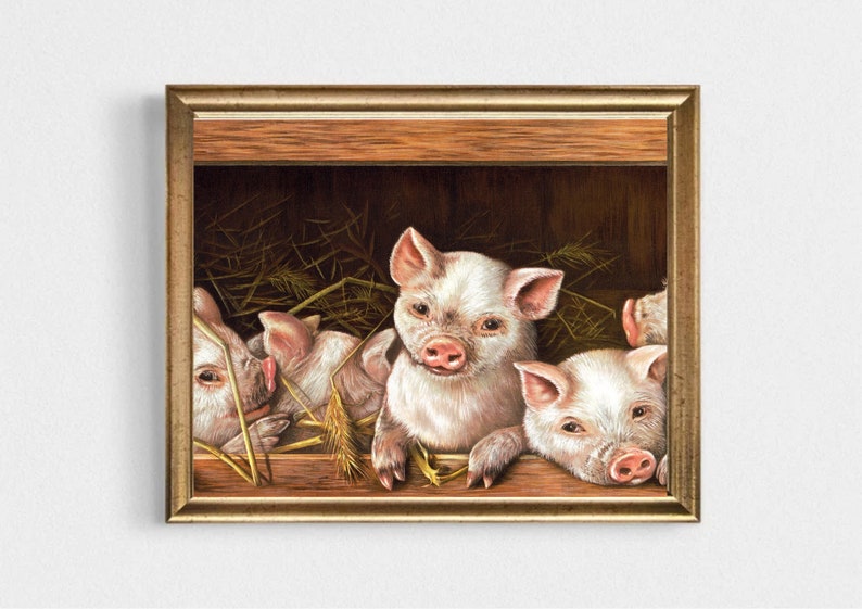 Piglets Vintage Oil Painting Pigs Vintage Art Print Farm Animals Vintage Print-Country Animals Vintage Print-Countryside Art Farmhouse Art image 1